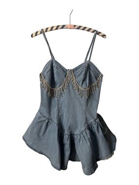 SHEIN Curve XXL Light Blue Denim Top with Rhinestone Fringe